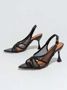 Women's High Heel Nightclub Outdoor Fashionable High-End Stiletto Pointed Toe Net Yarn Black Stone Pattern Sexy Ankle Strap Sandals,Kitten Heels,Summer Outfits - Black - View 4
