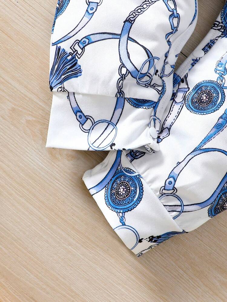 Baby Boy'S Spring Summer Chain Link Pattern Polo Collar Short Sleeve Jumpsuit, Blue