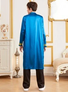 SHEIN Teen Boy's Mandarin Collar Imitation Gold Foil Printed Satin Robe And Pants Set - Multicolor - View 3