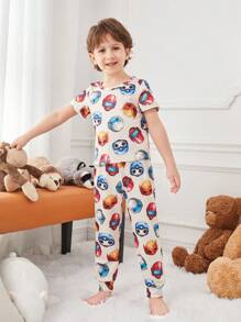 Young Boys' Simple Colorful Robot/Head/Elephant Printed Short Sleeve T-Shirt And Long Pants Pajamas - Multicolor - View 5