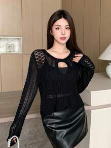 DAZY 女式纯色镂空长袖圆领毛衣，秋季薄款 - 黑色 - 查看 3