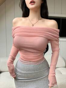 DAZY 露肩长袖短款衬衫，情人节长袖上衣，露肩学院风上衣，秋季女装 - 粉色 - 查看 6