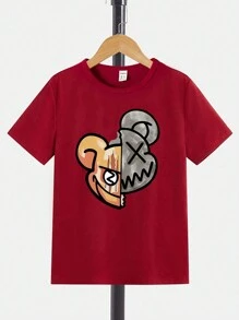 SHEIN 1件適合青少年男孩的時尚卡通熊印花基本款圓領短袖t恤