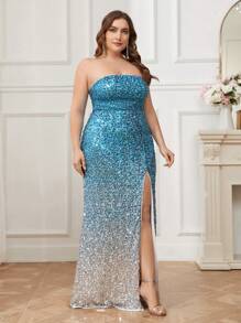 SHEIN Belle Vestido De Fiesta De Noche Con Gradiente Y Brillo, Talla Grande Para Mujeres Con Escote Sin Tirantes Y Abertura Alta - Multicolor - Ver 2