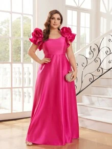 SHEIN Belle 大码女式玫瑰红缎面3D花朵装饰方领大A字摆连衣裙复古公主裙毕业礼服正式礼服优雅晚礼服舞会婚礼宾客礼服，适合晚餐、情人节等场合 - 玫紅色 - 查看 4