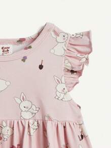Cozy Pixies Conjunto De Vestido De Cintura Imperio Con Cuello Redondo Con Volantes Y Estampado De Conejito Para Niña Pequeña