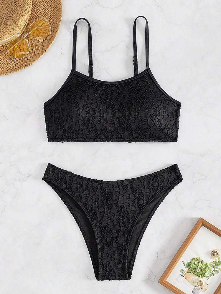 Women's Fine Strapped Bikini Set With Textured Fabric Set Summer Beach