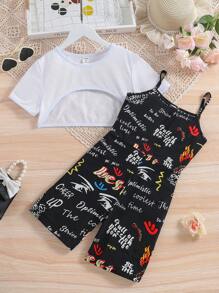 Tween Girls' Sheer Cropped Top With Letter Print Spaghetti Strap Romper Set - Multicolor - View 1