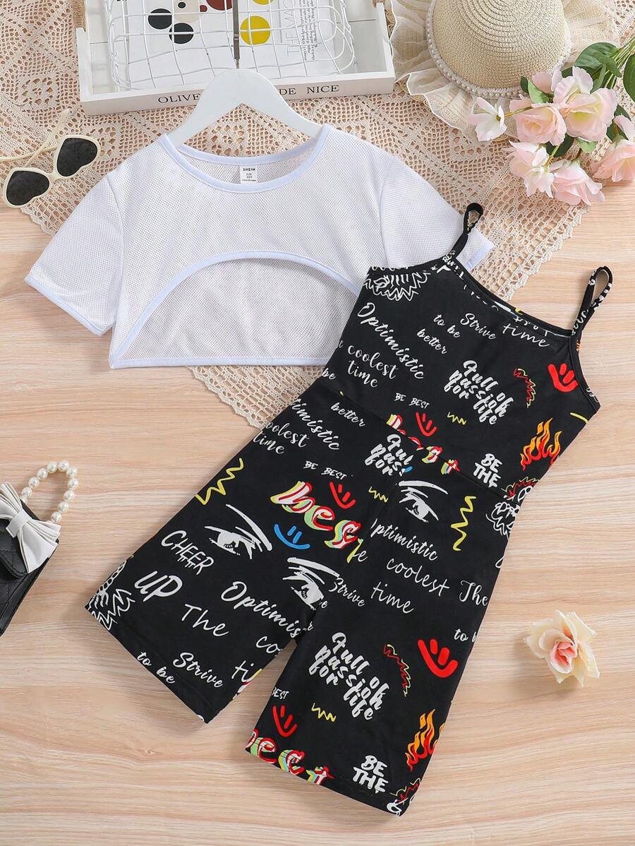 Tween Girls' Sheer Cropped Top With Letter Print Spaghetti Strap Romper Set - Multicolor - View 1