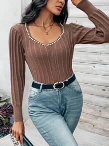 SHEIN Clasi 女式珍珠裝飾毛衣,長袖 - 棕色 - 查看 1