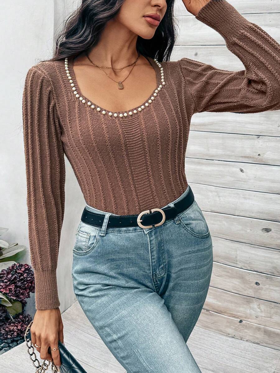 SHEIN Clasi 女式珍珠裝飾毛衣,長袖 - 棕色 - 查看 1