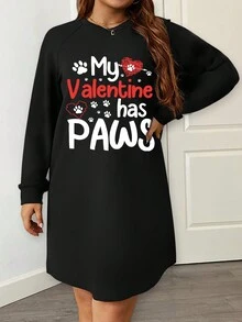 SHEIN LUNE Plus Size Women Long Sleeve Love & Graffiti Graphic Round Neck Casual Dress, Suitable For Valentine's Day - Black - View 4