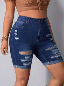 SHEIN Essnce Plus Size Ripped Skinny Denim Shorts - Dark Wash - View 5