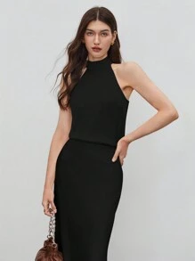 BizChic 女士纯色简约露背宽松垂褶上衣，基础都市通勤风格，简约时尚优雅商务休闲衬衫，适合办公室、教师等场合。 - 黑色 - 查看 7