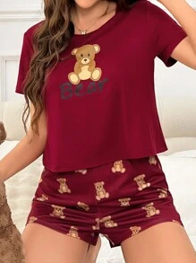 Women's Bear Print Short Sleeve And Shorts Pajama Set
