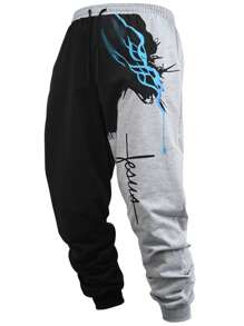 Manfinity Roughcore Pantalon de survêtement pour hommes avec cordon de serrage à la taille, imprimé en blocs de couleurs et lettres. Pantalon de survêtement graphique pour sortir, style gothique, cadeau pour petit ami, pour rave - Multicolore - Voir 4
