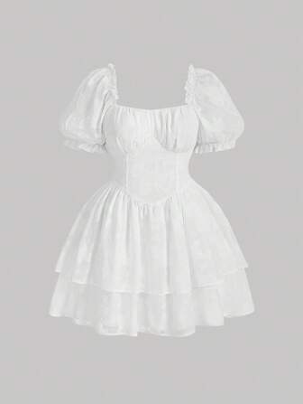 SHEIN MOD Plus Size Ruched Bust Puff Short Sleeve Jacquard Dress,Valentine Day,Graduation Dress,Birthday Dresses For Women