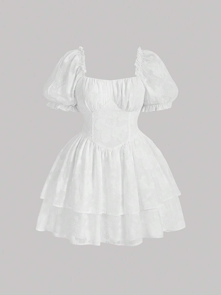 SHEIN MOD Plus Size Ruched Bust Puff Short Sleeve Jacquard Dress,Valentine Day,Graduation Dress,Birthday Dresses For Women