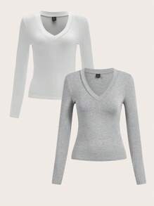 SHEIN EZwear Camiseta De Manga Larga De Punto Con Cuello En V Para Mujer - Gris - Ver 1