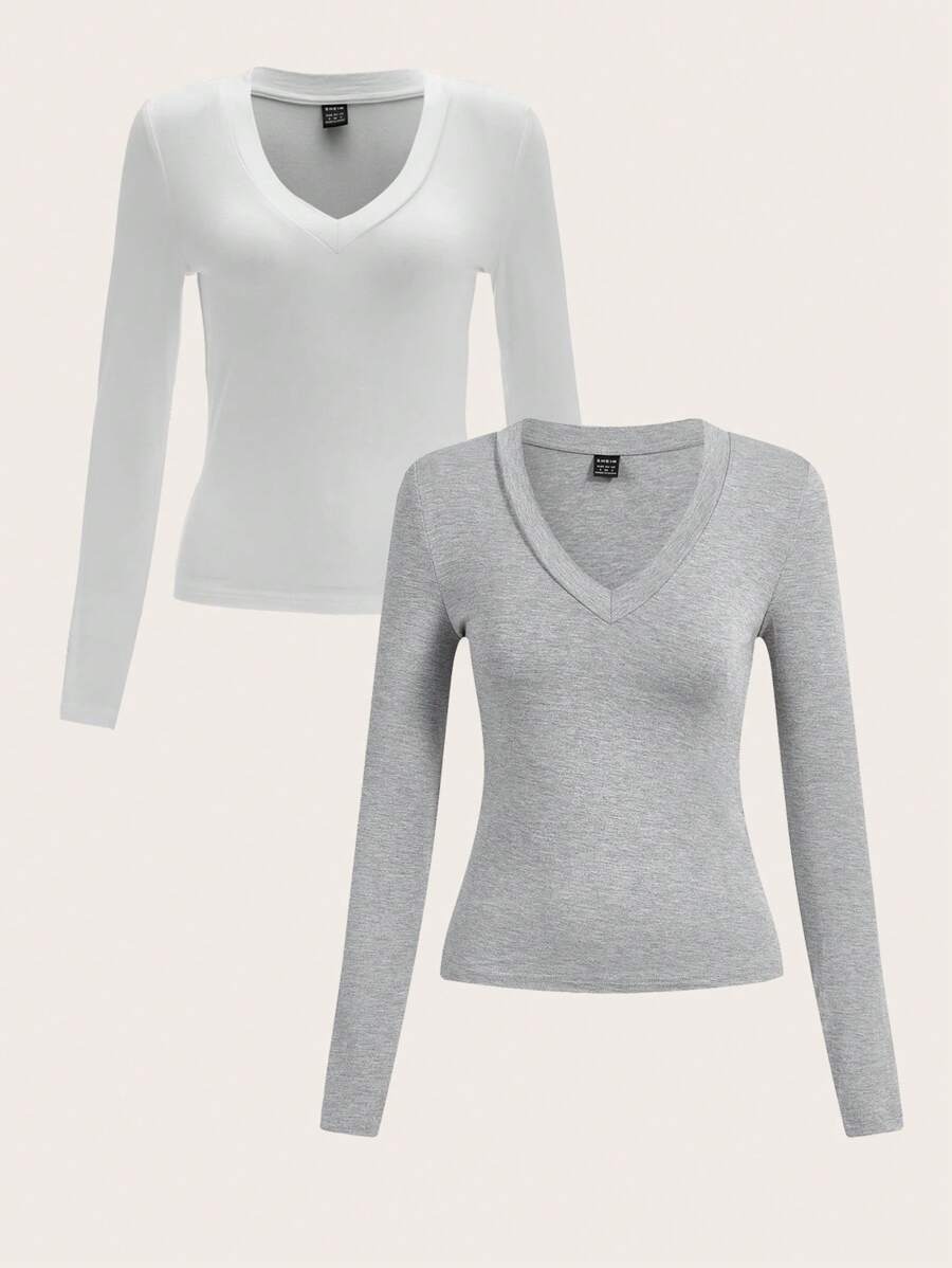 SHEIN EZwear Camiseta De Manga Larga De Punto Con Cuello En V Para Mujer - Gris - Ver 1