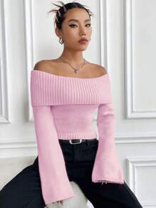 Flirla Women Sweaters Rib-Knit Plain Casual - Berwarna merah muda - View 7