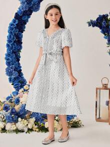 SHEIN Tween Girls' Patchwork Lace Trim Ribbon Puff Sleeve V-Neck Dress - Multicolor - View 4