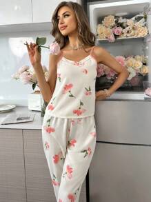 In hoa Textured Chất vải Cami ngọn Và Quần Bộ mặc nhà - Màu be - Xem 4