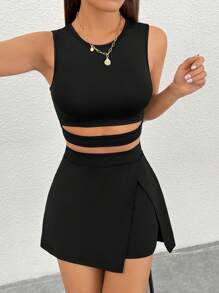 SHEIN PETITE 女士中空邊緣背心和分裂短裙套裝 - 黑色 - 查看 3