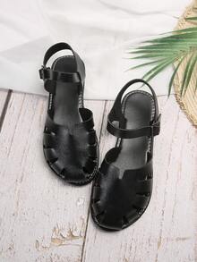 大尺碼女士平底涼鞋,配有豬籠扣,開放式腳趾 - 黑色 - 查看 3
