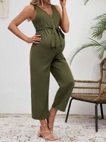 SHEIN 孕婦v領無袖連體褲,帶束腰 - 軍綠色 - 查看 5
