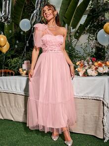 Glamaker Women'S One Shoulder Jacquard Mesh Dress - Pink - View 6