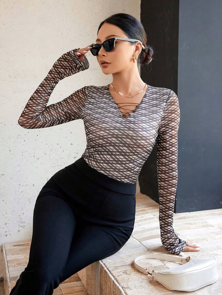 GENKIRA Của phụ nữ Vượt qua Cổ chữ V Tay áo dài Áo thun - Nhiều màu - Xem 1