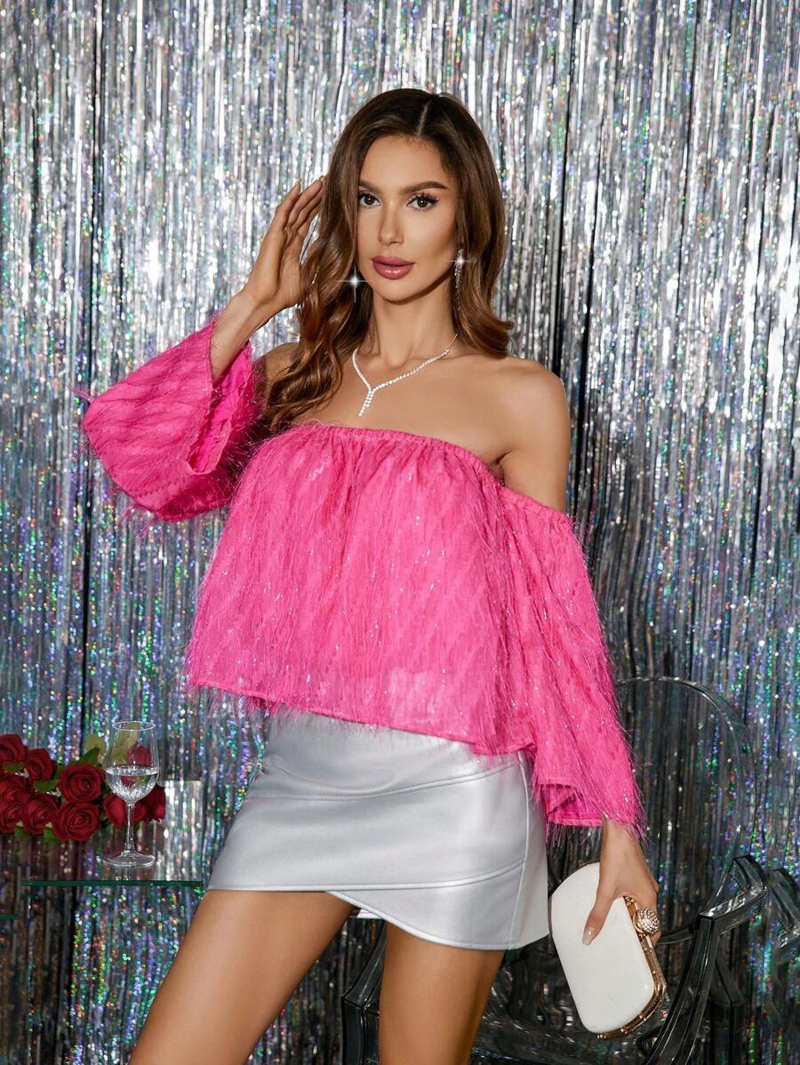 Aveloria Blusa Feminina Com Detalhe De Franjas Nos Ombros Descobertos - Rosa chiclete - Visão 1