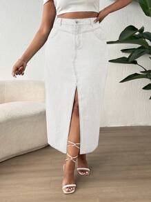 SHEIN SXY 加大碼女款分叉牛仔裙 - 白色 - 查看 1