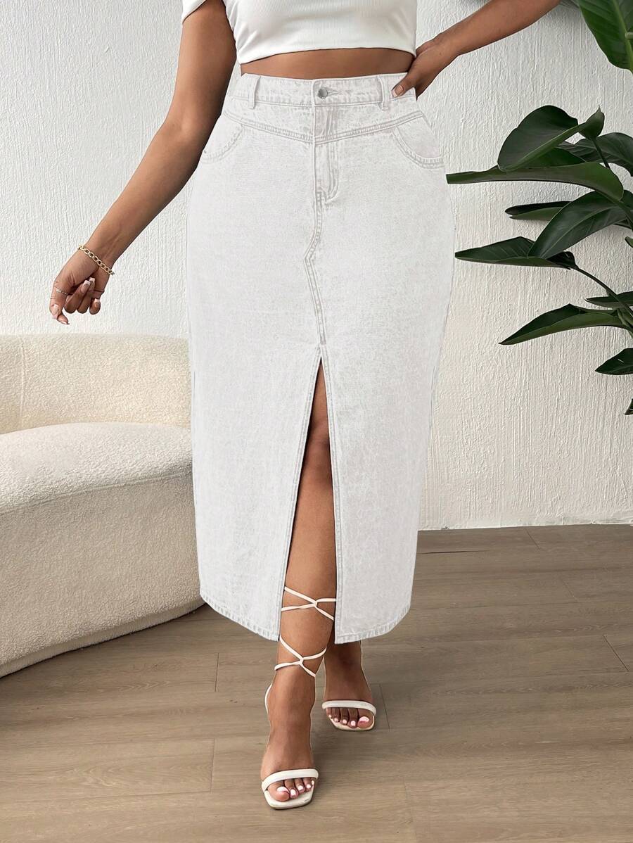 SHEIN SXY 加大碼女款分叉牛仔裙 - 白色 - 查看 1