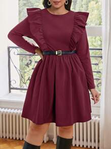 SHEIN Frenchy Plus Size Ruffle Trimmed Long Sleeve Dress Without Waist Belt Wedding Valentine  Dress - Burgundy - View 3