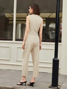 BizChic 女士纯色休闲两件套，都市通勤商务休闲装，优雅办公服饰，教师装，春夏款 - 米色 - 查看 2