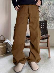 Manfinity EMRG Pantalones de carga de hombre de unicolor con pierna recta y largo largo en color caqui para salir - Marrón - Ver 3
