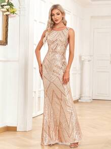 无袖美人鱼裙摆亮片优雅金色正式礼服，女士正式婚礼宾客礼服，毕业典礼礼服，正式礼服，晚礼服 - 金色 - 查看 7
