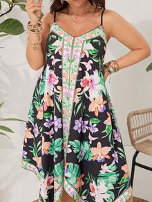 SHEIN VCAY 大尺碼女裝花卉印花不對稱搭扣背心連衣裙 - 彩色 - 查看 5