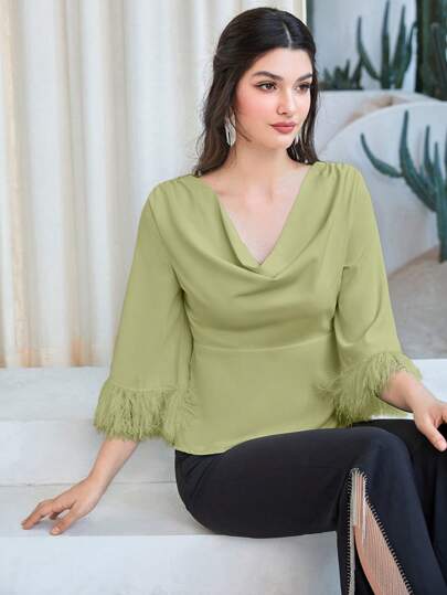 Modelyn 女士兜帽領和袖口拼接襯衫