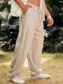 Men's Casual Loose Striped Pants - Khaki - View 4