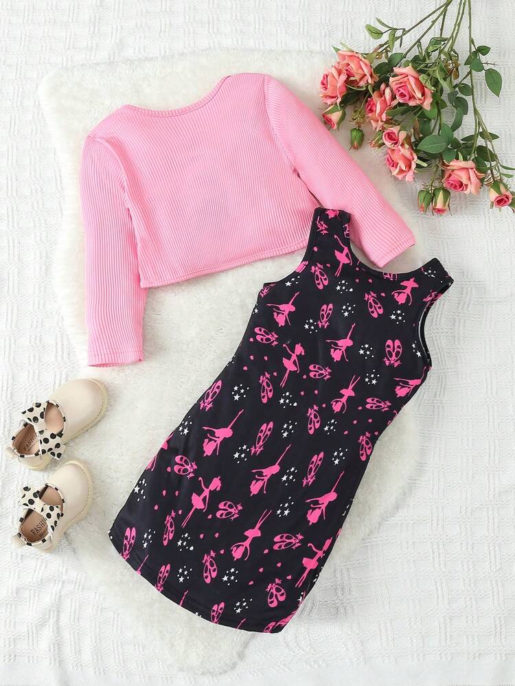 European And American Style Baby Girls' Swan Dancer Allover Print Dress With Water Drop Shawl Shoulder Shirt Combination Set