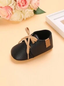 春秋款 0-1 岁婴儿 PU 系带软底防滑运动鞋适合学步儿童 - 黑色 - 查看 4