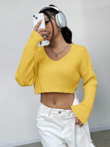 Flirla Women's V-Neck Crop Top Knit Pullover Fall Winter Sweater - Yellow - View 4