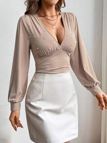 SHEIN Privé Của phụ nữ Trân châu & Trang trí hạt Cổ chữ V sâu Tay áo lồng đèn Áo liền quần chặt - Màu be - Xem 3