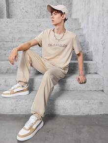 Teenage Boys' Letter Printed T-Shirt And Solid Color Pants Two Pieces Set - Apricot - View 3