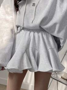 DAZY 弹性腰部休闲羊毛喇叭裙，返校服装 - 灰色 - 查看 8