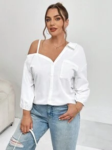 SHEIN Essnce Plus Size Women's Clothing Spring And Summer New Fashion Street Shooting Casual Asymmetrical Shoulder Shirt - White - View 5