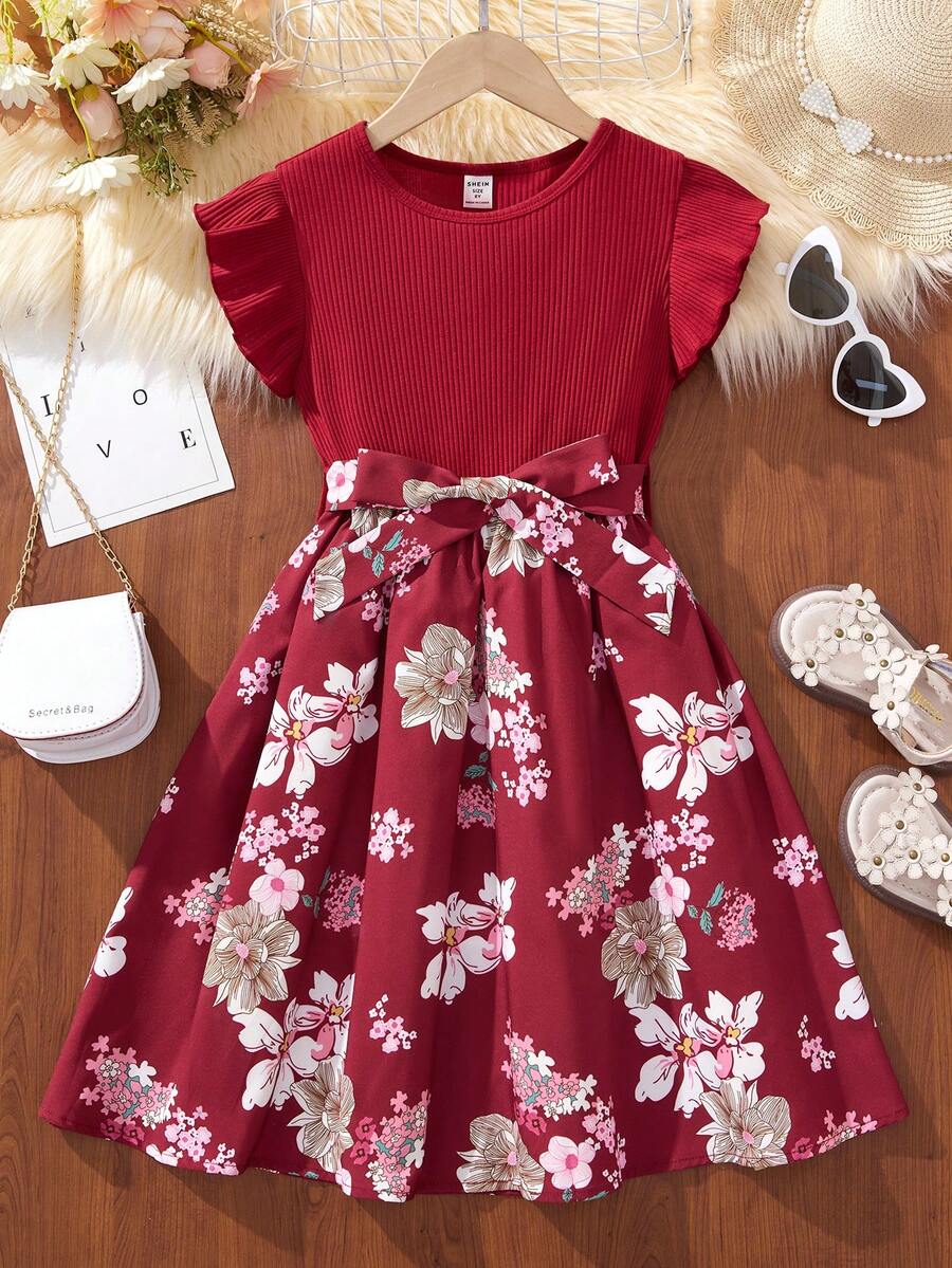 Vestido Para Niñas Adolescentes Con Diseño De Flores Impresas Y Volantes Con Parches - Burdeos - Ver 1